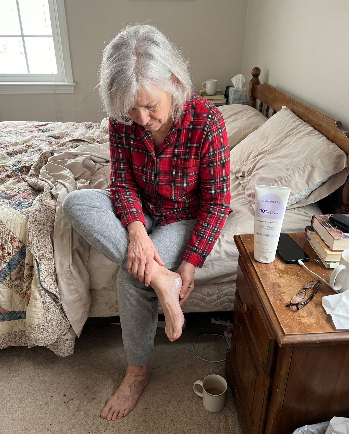 Woman massaging cream into her heel